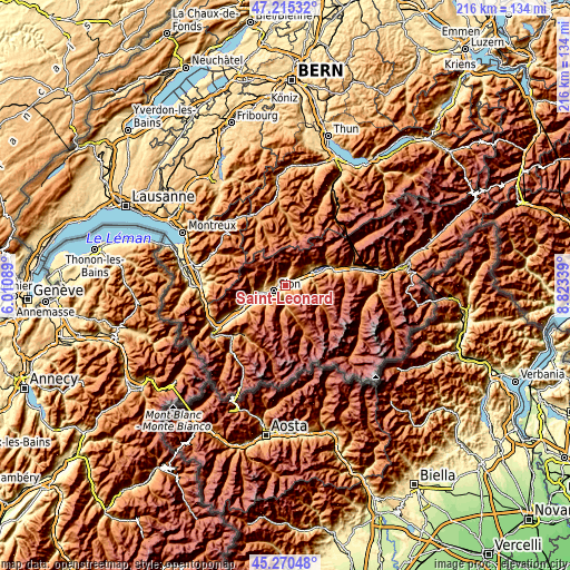 Topographic map of Saint-Léonard