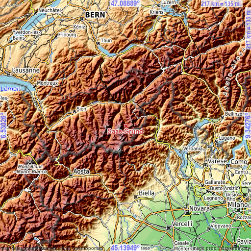 Topographic map of Saas-Grund