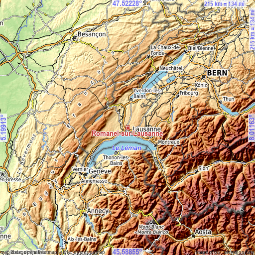 Topographic map of Romanel-sur-Lausanne