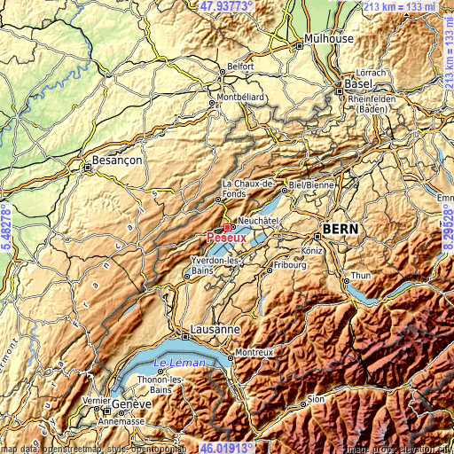 Topographic map of Peseux