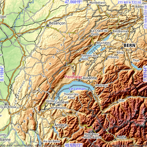 Topographic map of Penthalaz