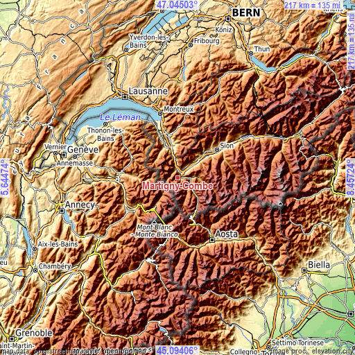 Topographic map of Martigny-Combe