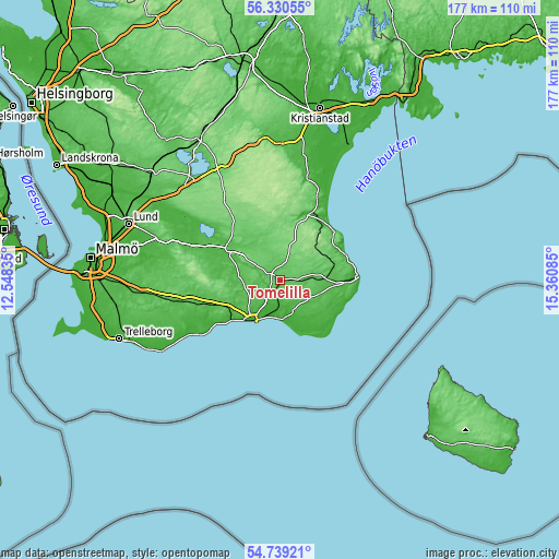 Topographic map of Tomelilla