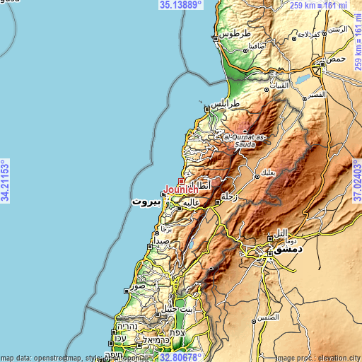 Topographic map of Jounieh