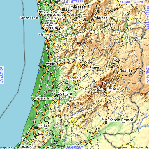 Topographic map of Tondela