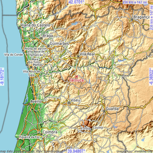 Topographic map of Tarouca