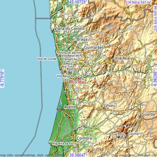 Detailed elevation map of Portugal with cities, Portugal