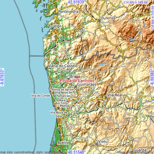 Topographic map of Póvoa de Lanhoso