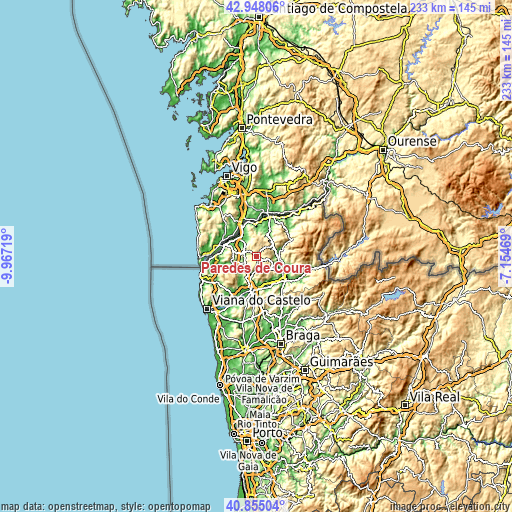 Topographic map of Paredes de Coura