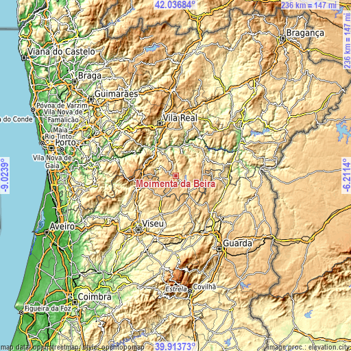 Topographic map of Moimenta da Beira