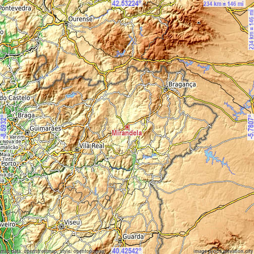 Topographic map of Mirandela