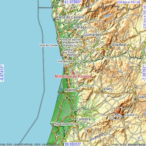 Topographic map of Milheirós de Poiares