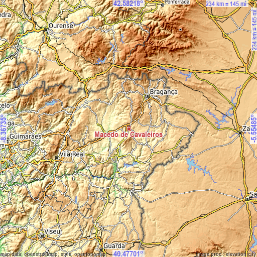 Topographic map of Macedo de Cavaleiros