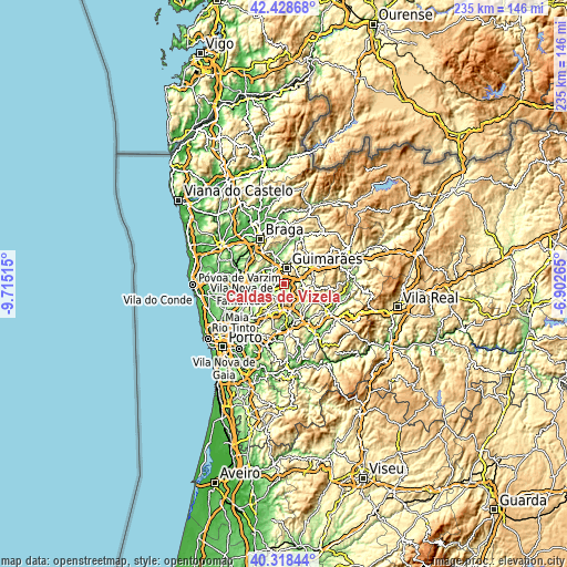 Topographic map of Caldas de Vizela