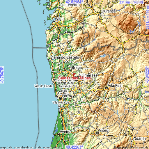 Topographic map of Caldas das Taipas