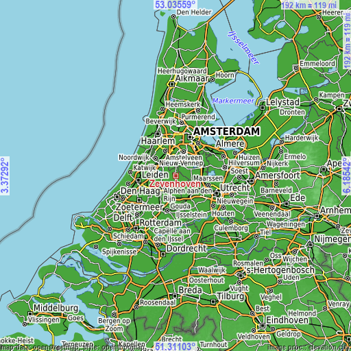 Topographic map of Zevenhoven