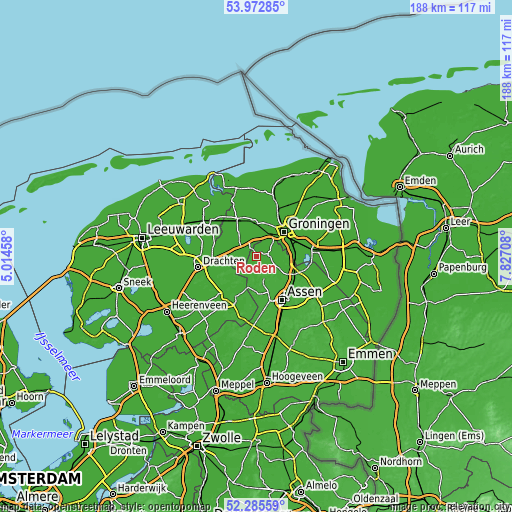 Topographic map of Roden