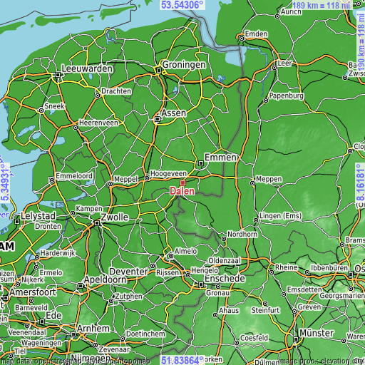 Topographic map of Dalen