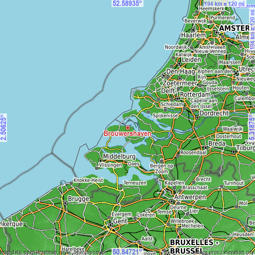 Topographic map of Brouwershaven