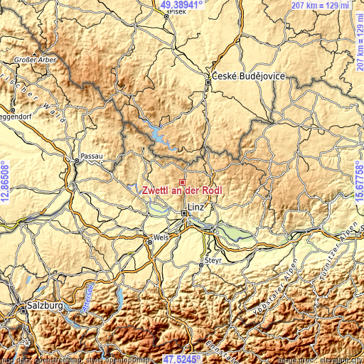 Topographic map of Zwettl an der Rodl