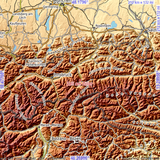 Topographic map of Zell am Ziller