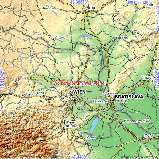 Topographic map of Wolkersdorf im Weinviertel