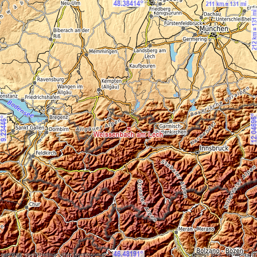 Topographic map of Weissenbach am Lech