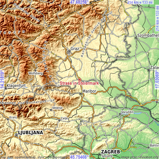 Topographic map of Straß in Steiermark