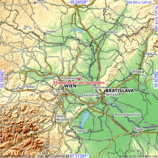 Topographic map of Strasshof an der Nordbahn