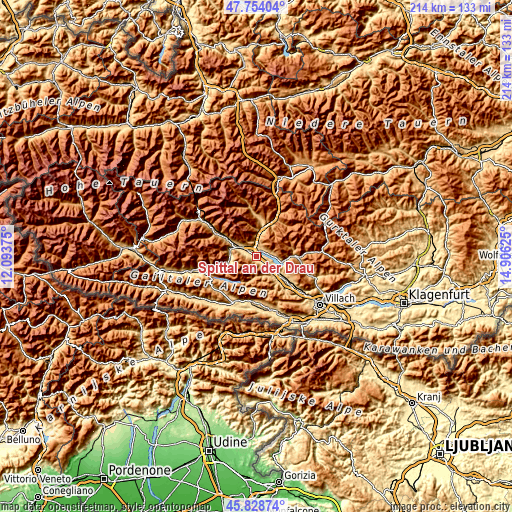 Topographic map of Spittal an der Drau