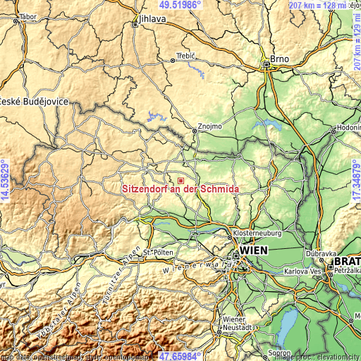 Topographic map of Sitzendorf an der Schmida