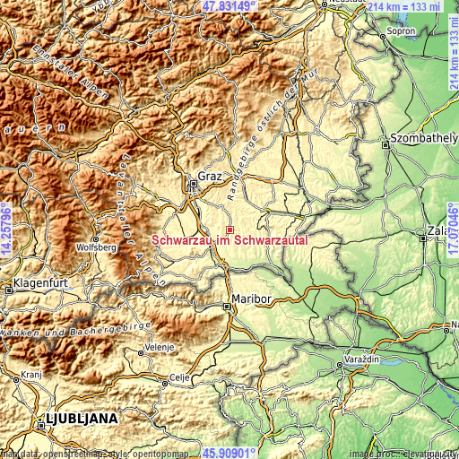 Topographic map of Schwarzau im Schwarzautal