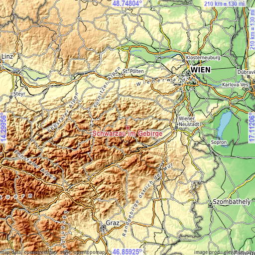 Topographic map of Schwarzau im Gebirge