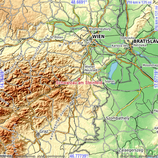 Topographic map of Schwarzau am Steinfeld