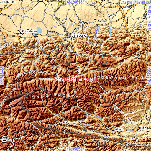 Topographic map of Schwarzach im Pongau