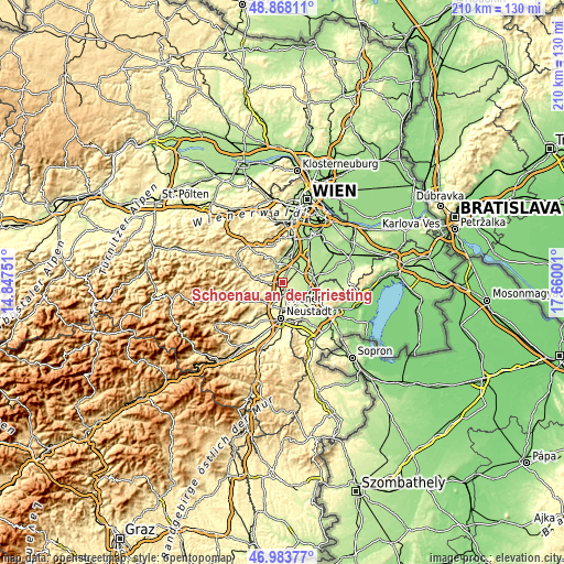 Topographic map of Schönau an der Triesting