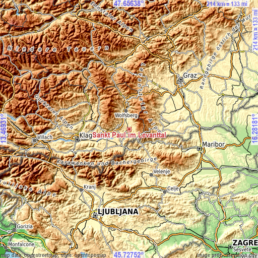 Topographic map of Sankt Paul im Levanttal