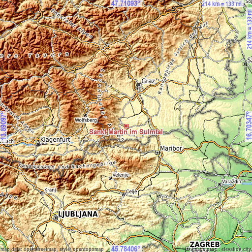 Topographic map of Sankt Martin im Sulmtal