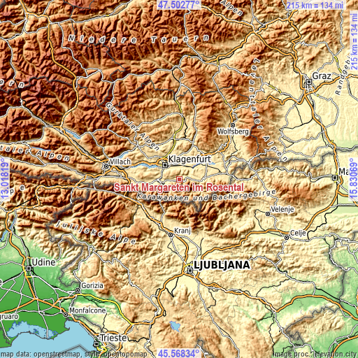 Topographic map of Sankt Margareten im Rosental