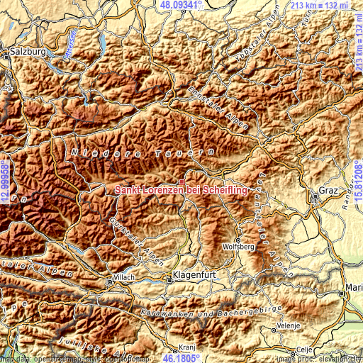 Topographic map of Sankt Lorenzen bei Scheifling