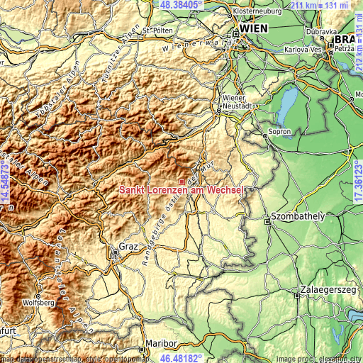 Topographic map of Sankt Lorenzen am Wechsel