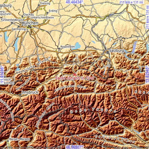 Topographic map of Sankt Johann in Tirol
