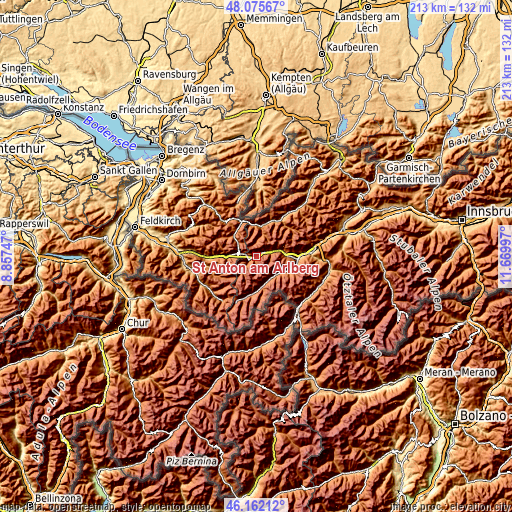 Topographic map of St Anton am Arlberg