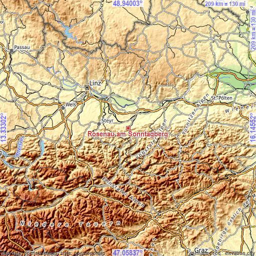 Topographic map of Rosenau am Sonntagberg