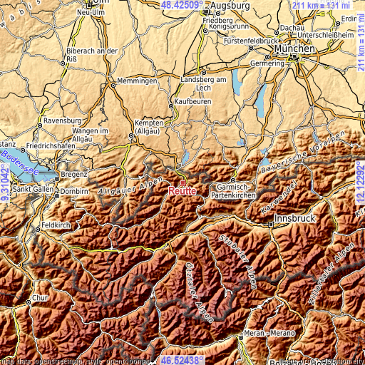 Topographic map of Reutte