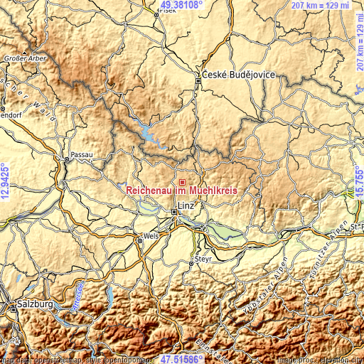 Topographic map of Reichenau im Mühlkreis