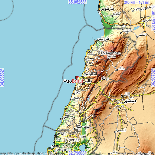 Topographic map of Beirut