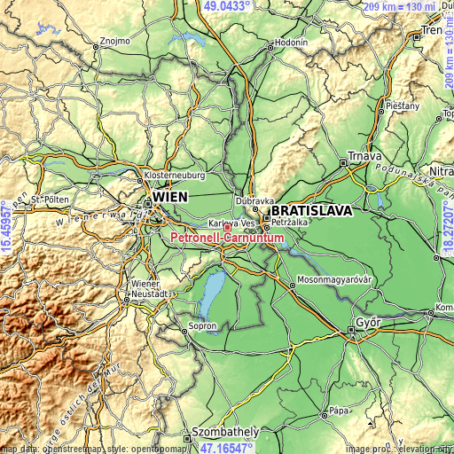 Topographic map of Petronell-Carnuntum