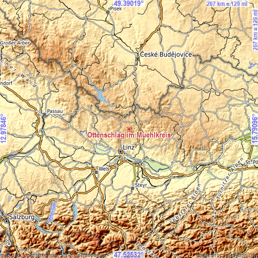 Topographic map of Ottenschlag im Mühlkreis