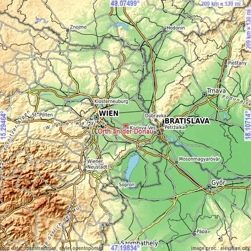 Topographic map of Orth an der Donau